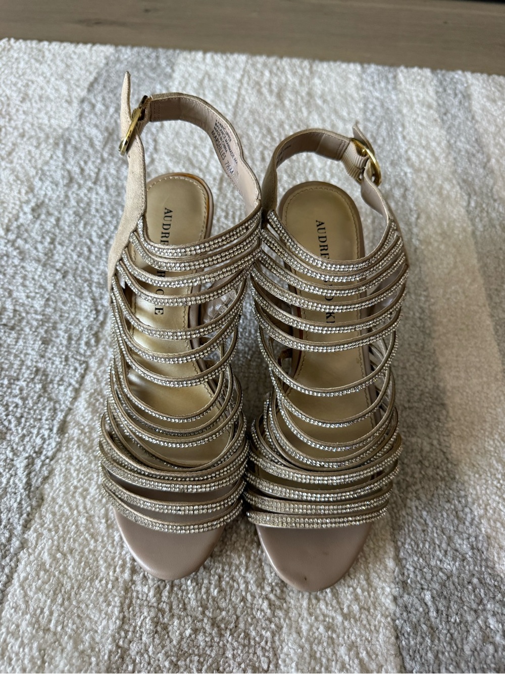 Audrey Brooke Nude Gold Rhinestone Multi-Strap Heels